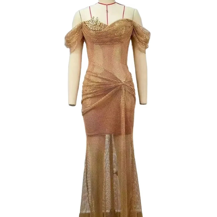 Gold Ladies' Long Floor-Length Prom Dress Sexy Sleeveless Beading Natural Waistline Breathable Party Style