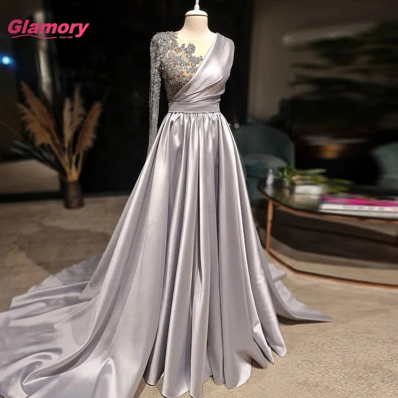 2021 New Designs Lady Party Plus Size Full Sleeve Floor-length Gray Pleat Satin Evening Dresses