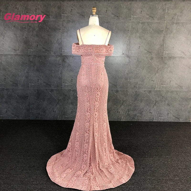 Pink Off Shoulder Lace Appliqued Mermaid Prom Elegant Beading Women Long Formal Evening Dress