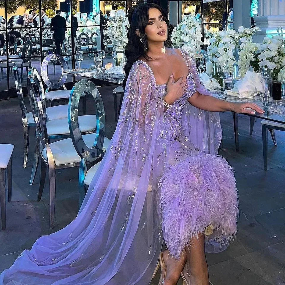 2023 New Mermaid Feather Luxury Beaded With Cape Evening Dresses Gowns for Women Party