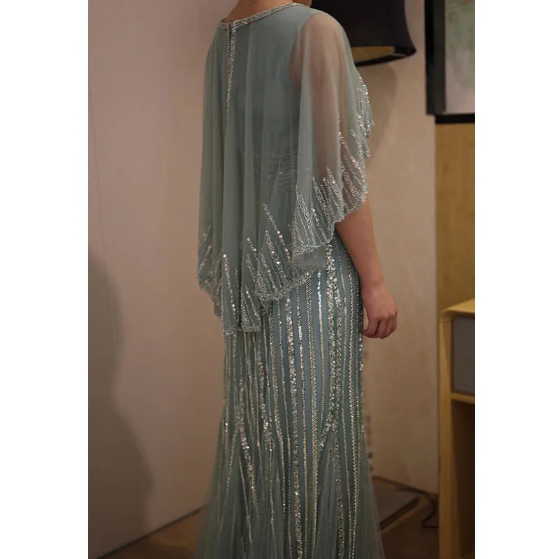 Turquoise V-Neck Mermaid Elegant Long Cape Beaded Luxury Dubai Evening Dresses Gowns for Women Wedding Party 2024
