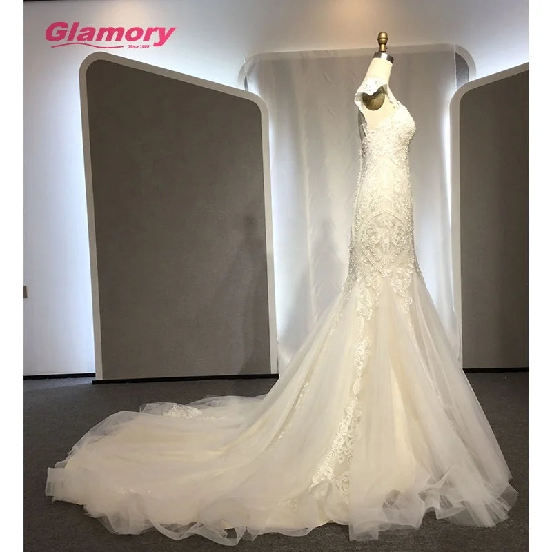 2020 New Style Dress Cap Sleeve Sweetheart Fishtail Lace Bride Gown Custom Made Wedding Dresses