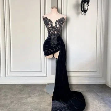 Sexy Black Girls New Arrival Beaded Embroidery Women Homecoming Gowns Black Velvet Short Prom Dresses With Side Train