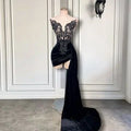 Sexy Black Girls New Arrival Beaded Embroidery Women Homecoming Gowns Black Velvet Short Prom Dresses With Side Train