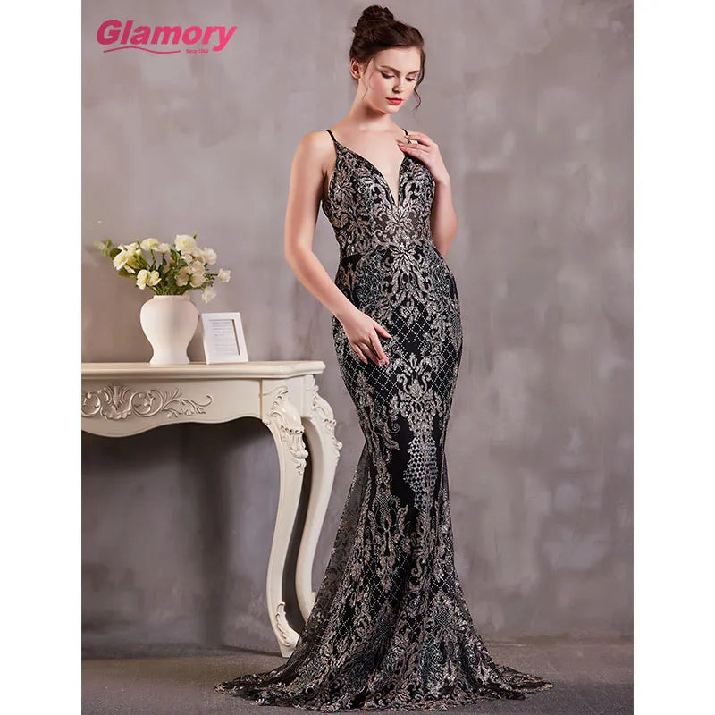 Sexy Suspenders Dress Fishtail Sequin Lace Evening Dresses Backless Bodycon Evening Dresses for Women