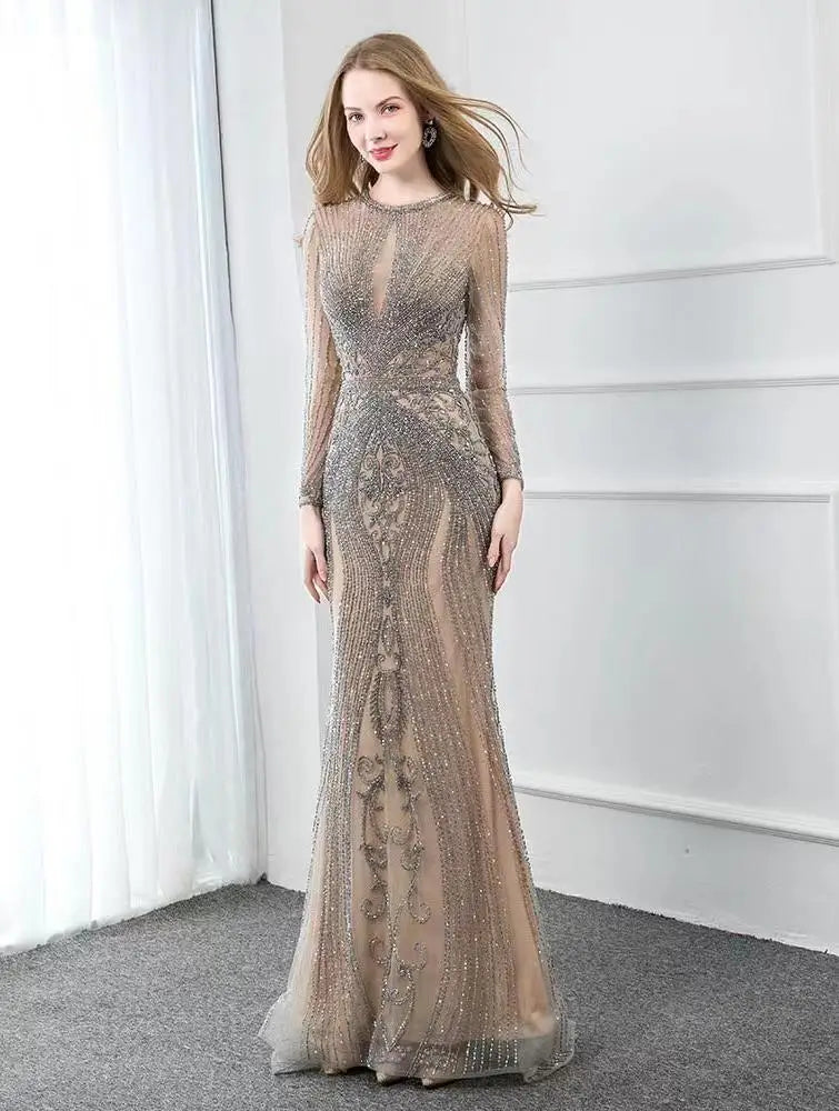 Dubai Long Sleeves Silver Grey Luxury Evening Dresses O-Neck Full Diamond Mermaid Formal Dress