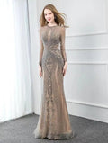 Dubai Long Sleeves Silver Grey Luxury Evening Dresses O-Neck Full Diamond Mermaid Formal Dress