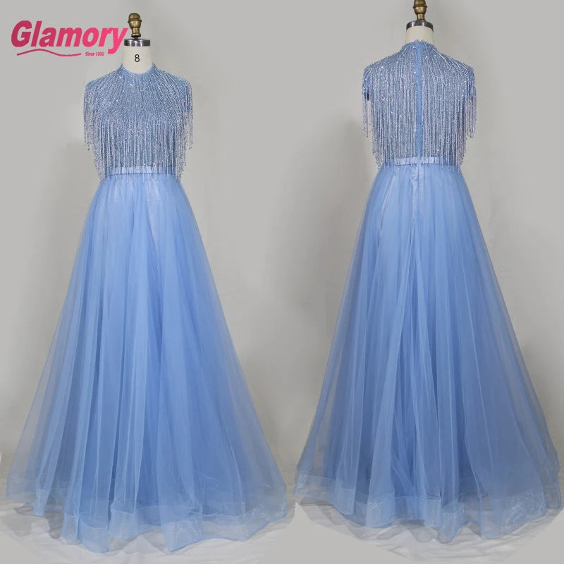 Hot Sale New Style Evening Party Tassel Beading Custom A-Line Women Burgundy Prom Dress