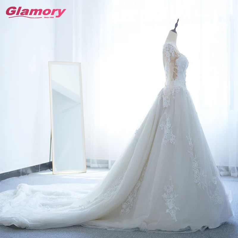 2020 New Arrival Long Sleeve Backless Floral Appliques Ball Gown Tulle Wedding Dress