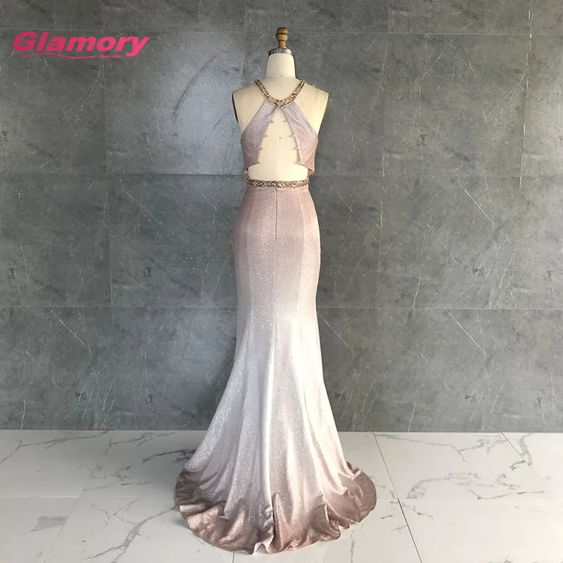 2020 Bottom Price Halter Party Evening Unique Glitter Fabric Sexy Formal Long Prom Dress