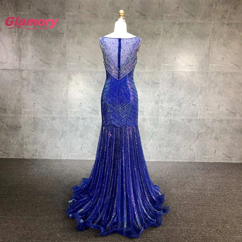 Royal Blue Elegant Beaded Prom Dress High Quality Vestido De Fietsa Sexy Mermaid Long Crystal Party Gowns