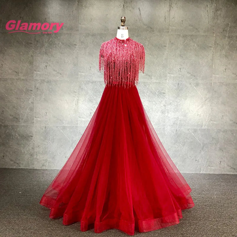 Hot Sale New Style Evening Party Tassel Beading Custom A-Line Women Burgundy Prom Dress