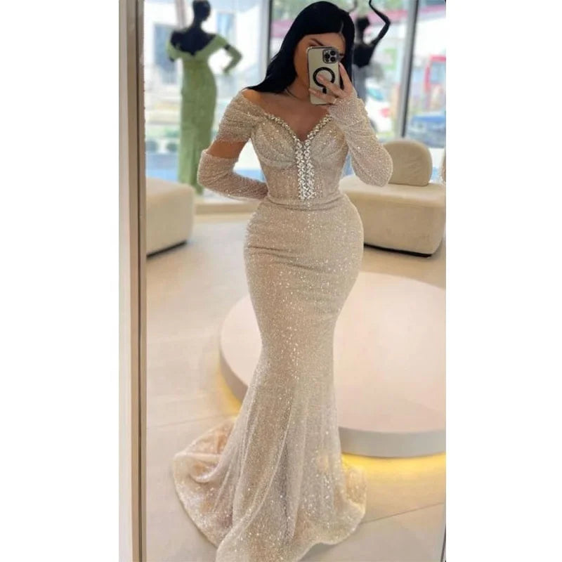 Light Champagne Pearls Evening Dress Women 2024 Mermaid Dress With Gloves Formal Prom Dresses