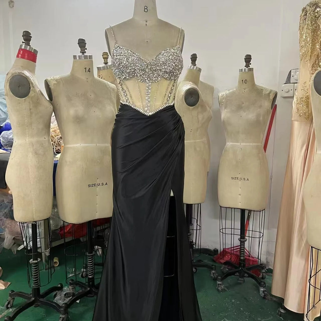 Black Luxury Beaded Crystal Hand Made Beading Sexy Evening Dress With Slit Night Elegant Prom Dresses for Women