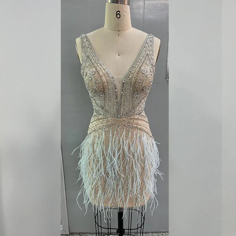 New Short Luxury Beaded Gown With Feathers Sexy Evening Party Dresses