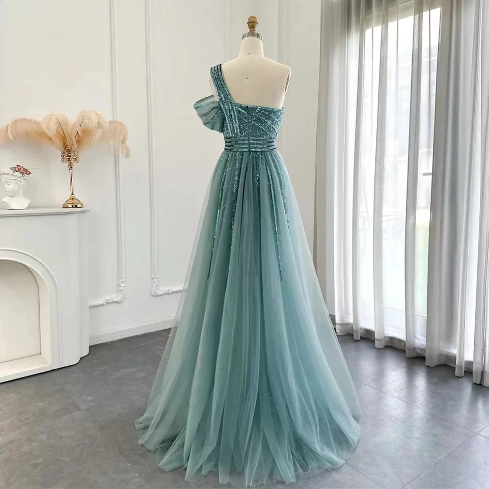 Turquoise Luxury One Shoulder Beading Evening Party Dress With Overskirt Side Slit Sexy Long Prom Dress