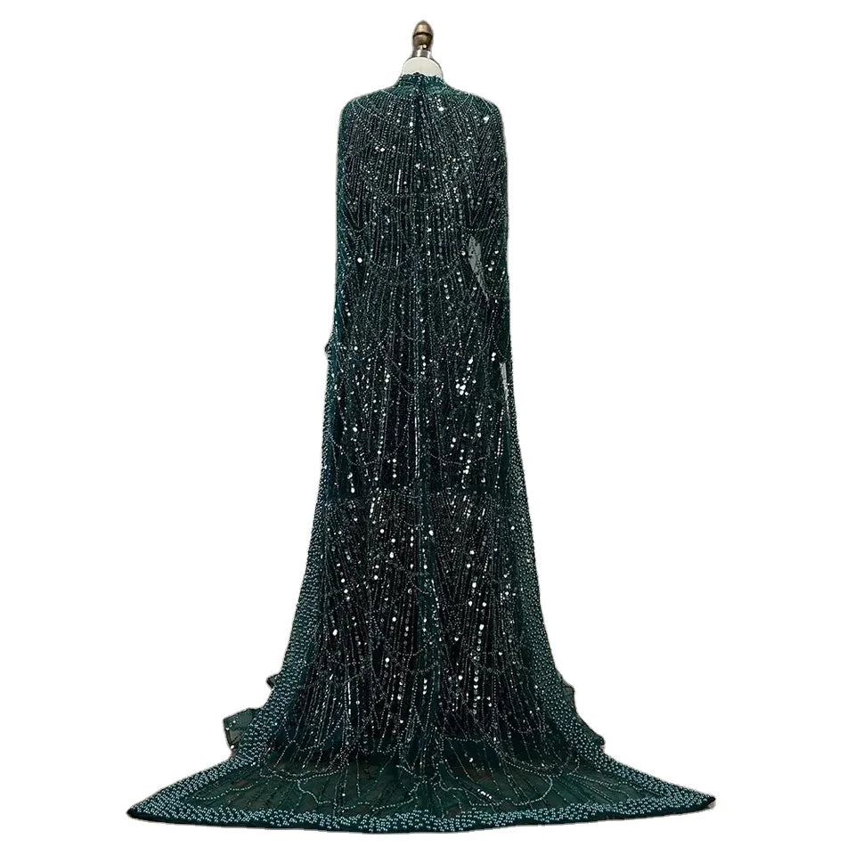 Muslim A-Line Beaded Luxury Arabic Evening Dress Gown 2025 Pearls Evening Dresses With Cape Women Wedding Party Gowns
