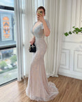 Crystal Sleeveless Shawl Yarn Evening Dresses 2023 Dubai Grey Nude V-Neck Sexy Formal Gown
