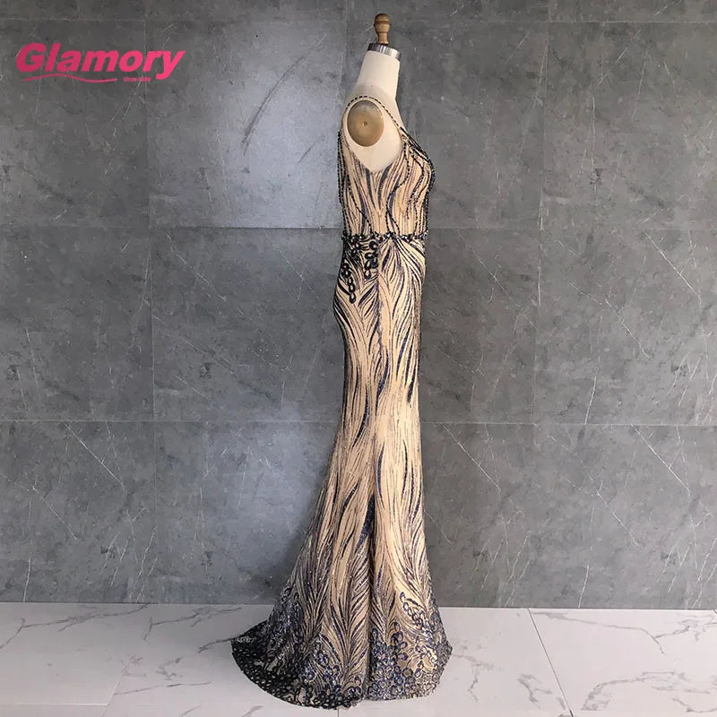 2020 Latest Design Sequin Fishtail Evening Sexy Spaghetti V-neck Open Back Long Maxi Prom Dress