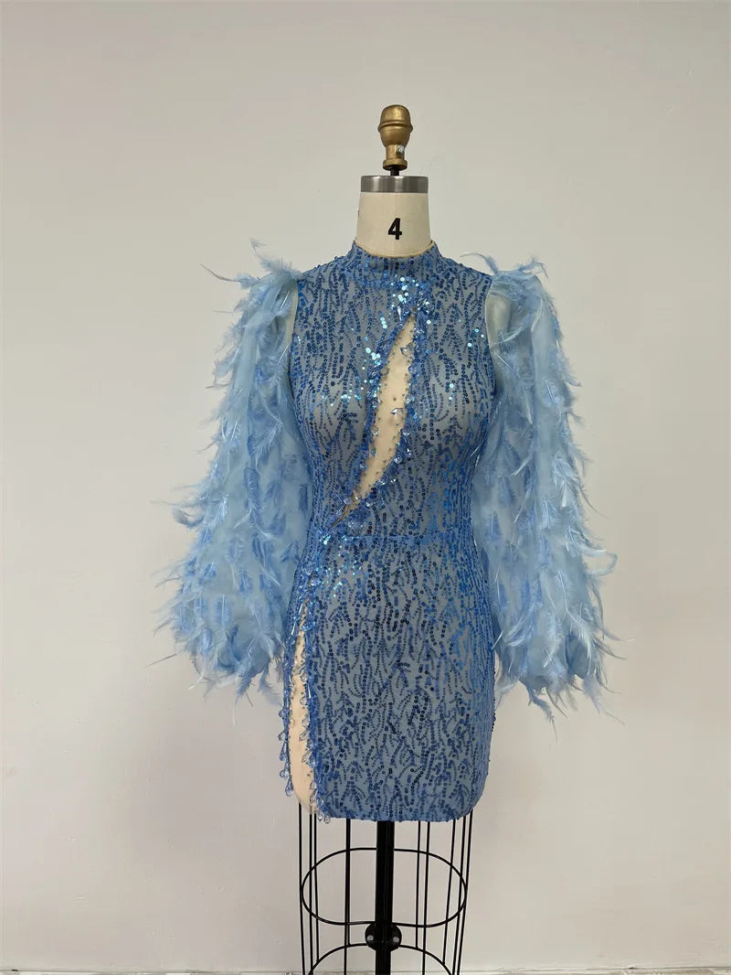 Luxury Feather Sexy Beaded Shiny Rhinestone Nightclub Breast Sexy Body Dress Blue