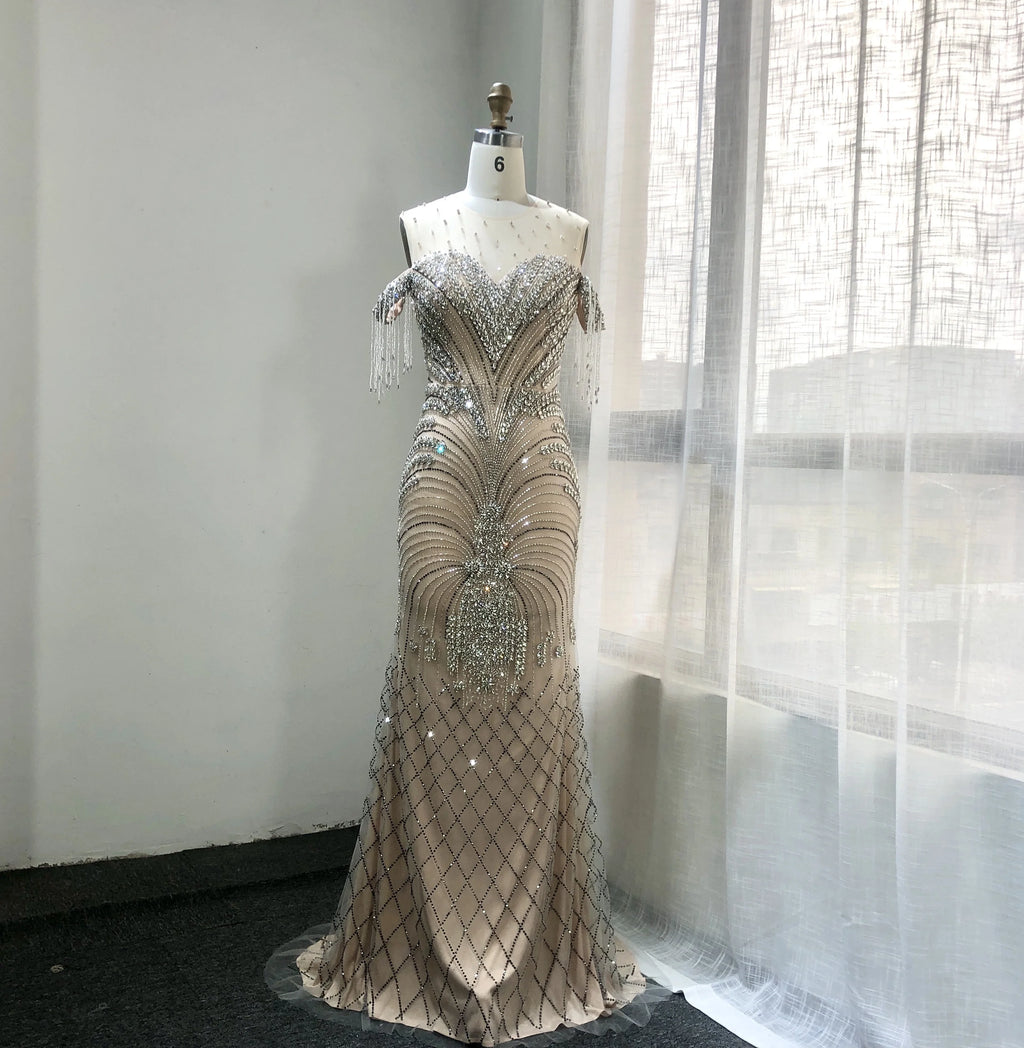 2025 New Illusion Shining Beading Formal Dresses Mermaid Prom Dresses Tassel Tulle Mermaid Evening Dresses