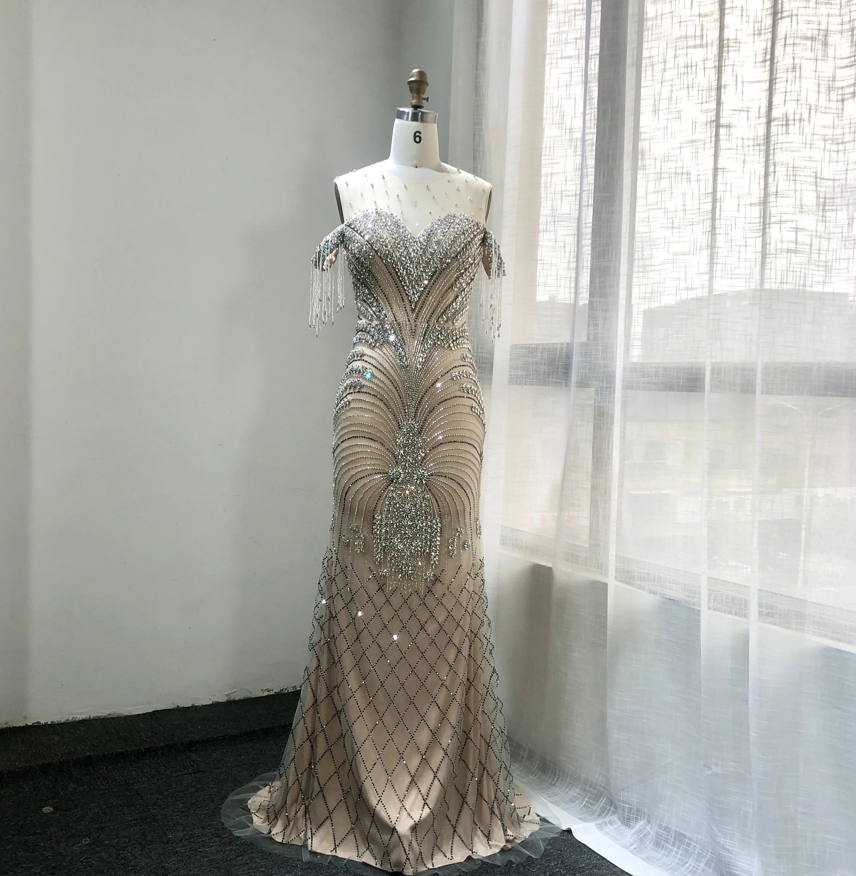 2025 New Illusion Shining Beading Formal Dresses Mermaid Prom Dresses Tassel Tulle Mermaid Evening Dresses