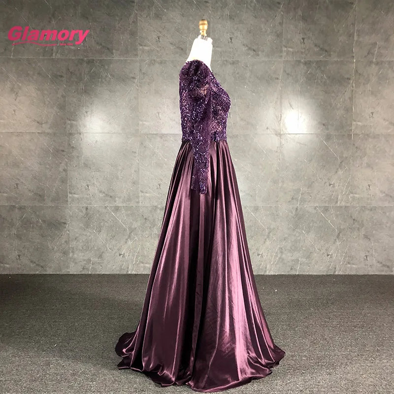 Purple Sleeve Sexy Gown Hand-Beading Satin a Line Evening Dress Elegant Formal Long Dresses for Fat Women