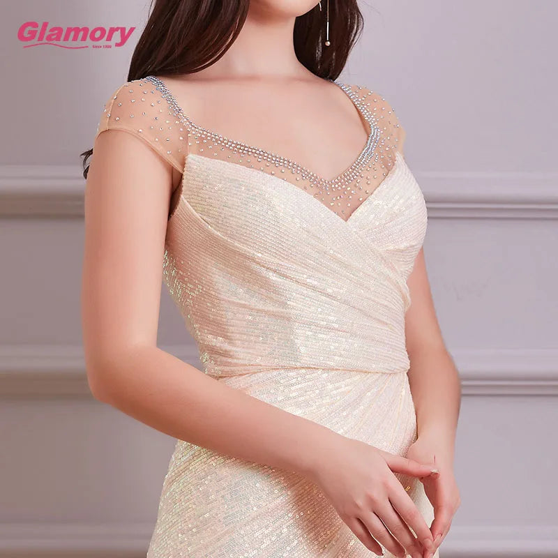 Rose Gold Fishtail Sequin Hot Drilling Dresses Split Pleated Banquet Dress Long Formal Evening Dress for Women