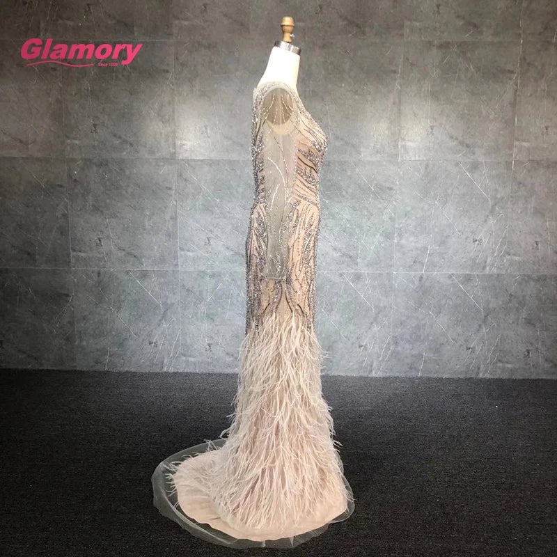 Nude  Feather Dress Sparkly Beading Sexy Party Wear Gowns Long Mermaid Formal Evening Dresses for Women