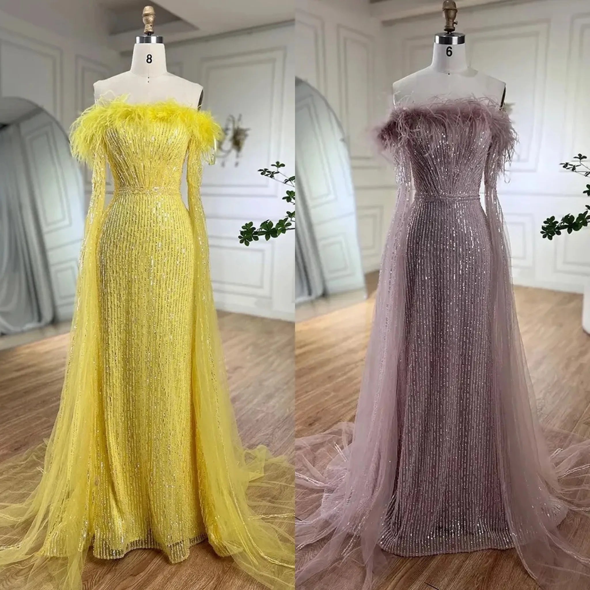 Luxury Dubai Glitter Feathers Beaded Cape Sleeves Off Shoulder Elegant Mermaid Sequins Evening Gown