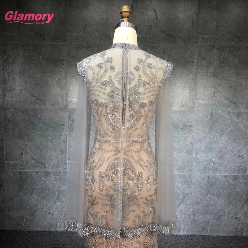 2021 Grey Nude With Cape Mermaid Luxury Evening Dresses Gowns Beading Elegant Sexy  Party Dress for Woman