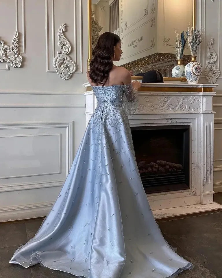 Light Blue Elegant Beaded Evening Dresses With Overskirt Luxury Gowns for Women Wedding Party Dress 2025