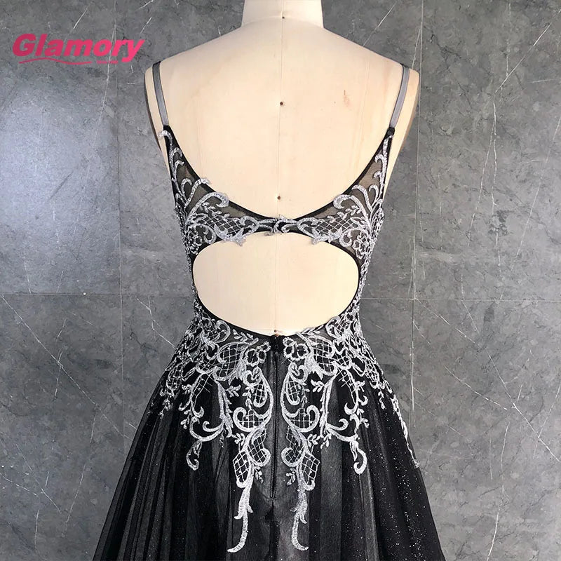Chaozhou Factory 2020 New Design Lace Applique Spaghetti Strap A-line Black Glitter Tulle Maxi Prom Dress for Banquet