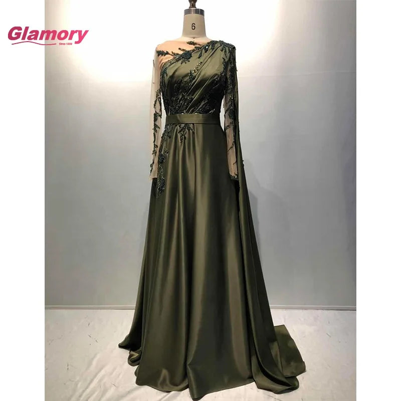 2020 New Arrival Long Sleeves Elegant Green Handmade Beading a Line Satin Prom Dress Plus Size for Woman Evening Party