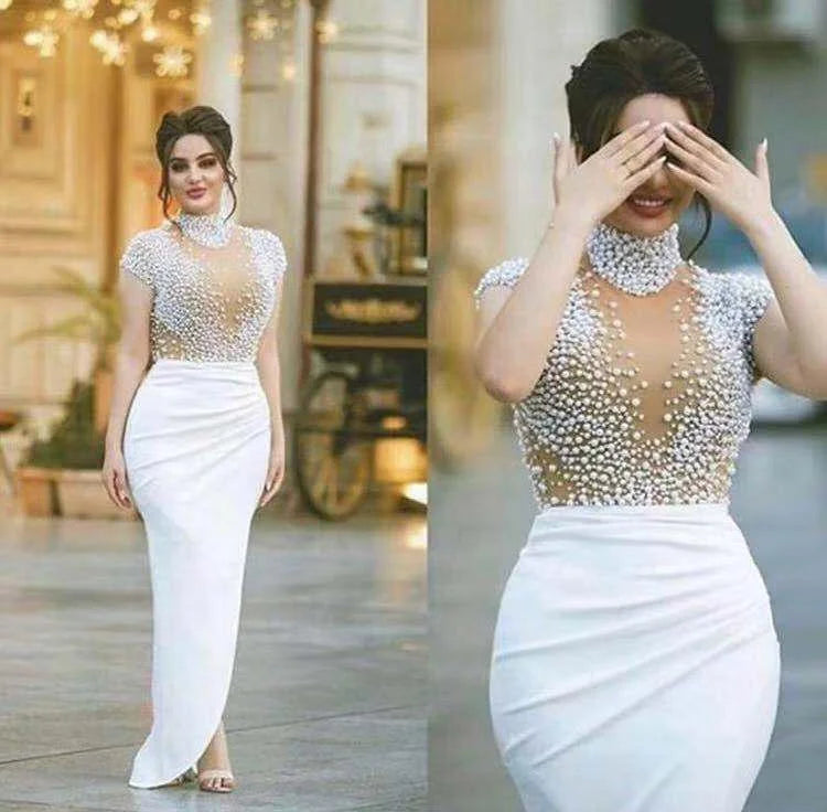 New Arrival Vestido De Novia Pearl Split Wrapped Evening Dress High Neck Beading Dress for Women Formal Gowns