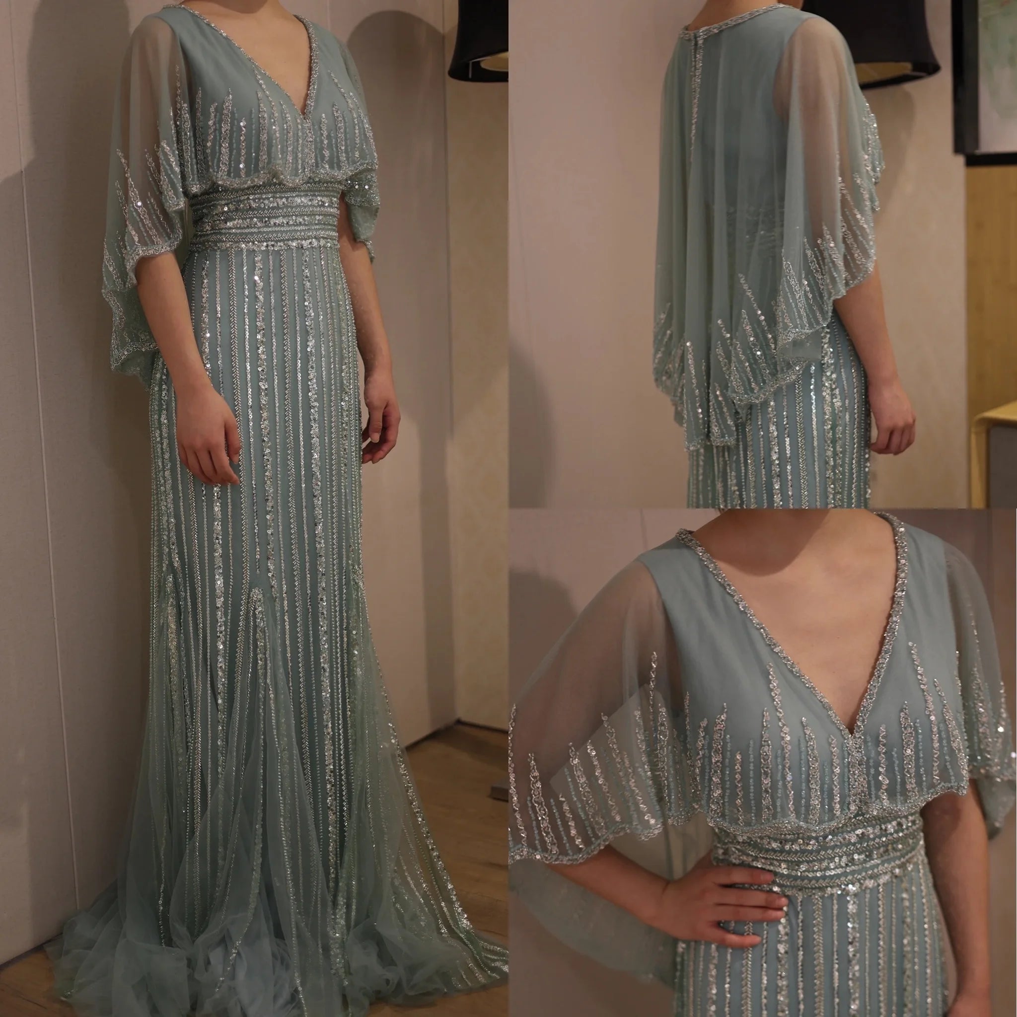 Turquoise V-Neck Mermaid Elegant Long Cape Beaded Luxury Dubai Evening Dresses Gowns for Women Wedding Party 2024