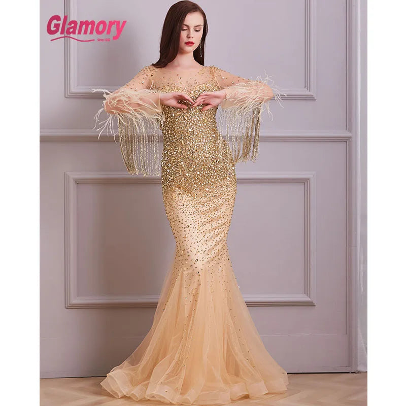 Dubai Golden Luxury Tassel Beading Evening Dress Women Party Dresses With Feathers