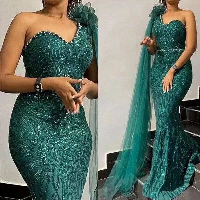 Dubai Green Party Dinner Dress One Shoulder Cape Long Evening Dresses With Beads Belt Customized Luxury Wedding Robe