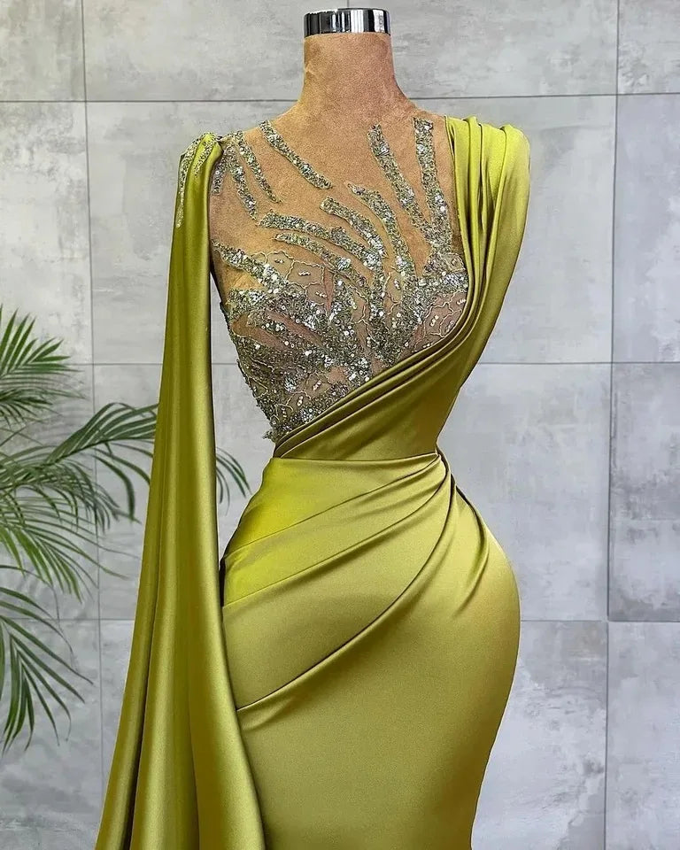 Arabic Lemon Green Satin Mermaid Evening Prom Dresses Ruffles Long Mermaid Prom Dresses With Crystal
