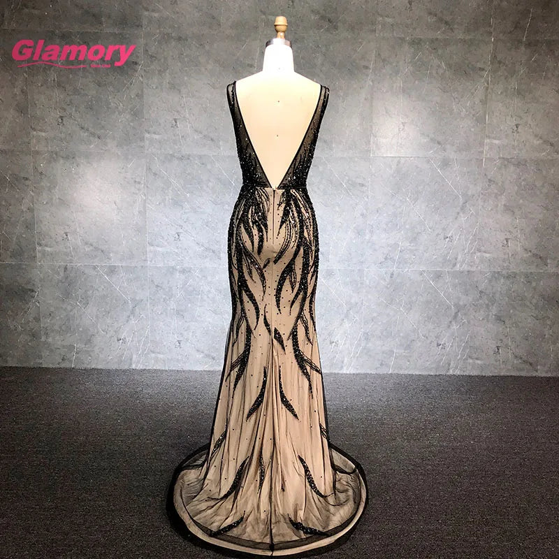 Black O-neck Prom Dresses Handmade Beaded Mermaid Evening Gowns Backless Long Vestidos Party Gown