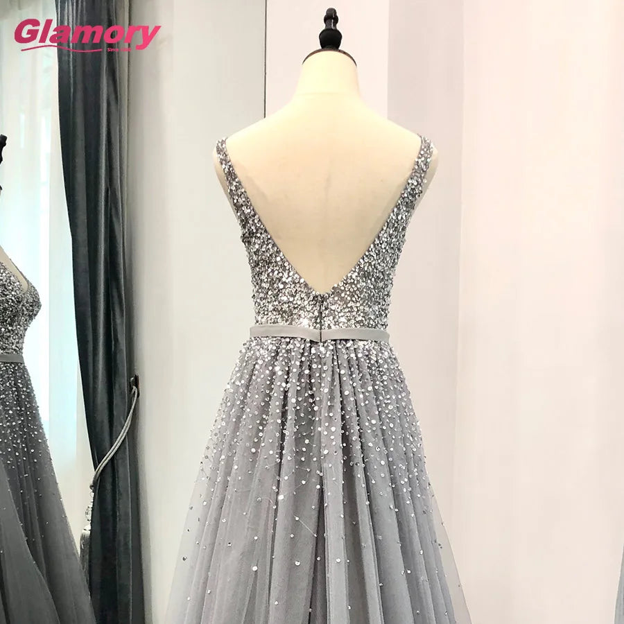 Gray Beading Sparkly Prom V Neck Elegant European Style A-Line Charming Evening Dress