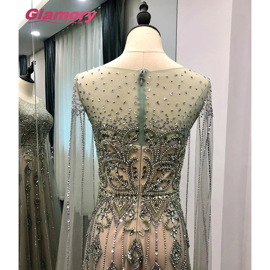 Latest OEM Factory Luxury Evening Elegant O-Neck Long Sleeves With Flutter Sleeves Crystal Beading Mermaid Prom Dress
