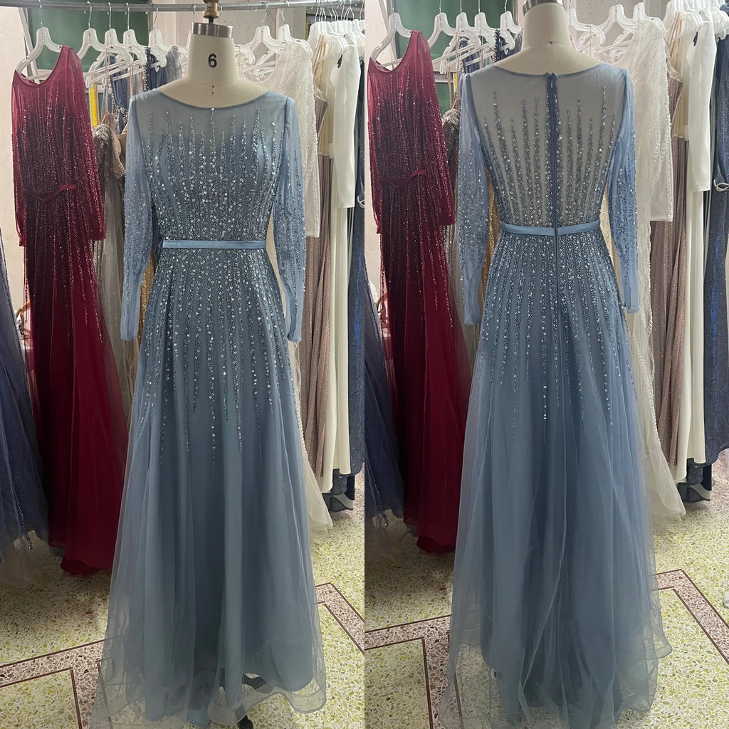 Elegant Muslim a Line Beaded Luxury Dubai Long Evening Dresses Gowns 2024  for Woman Wedding Party Dress