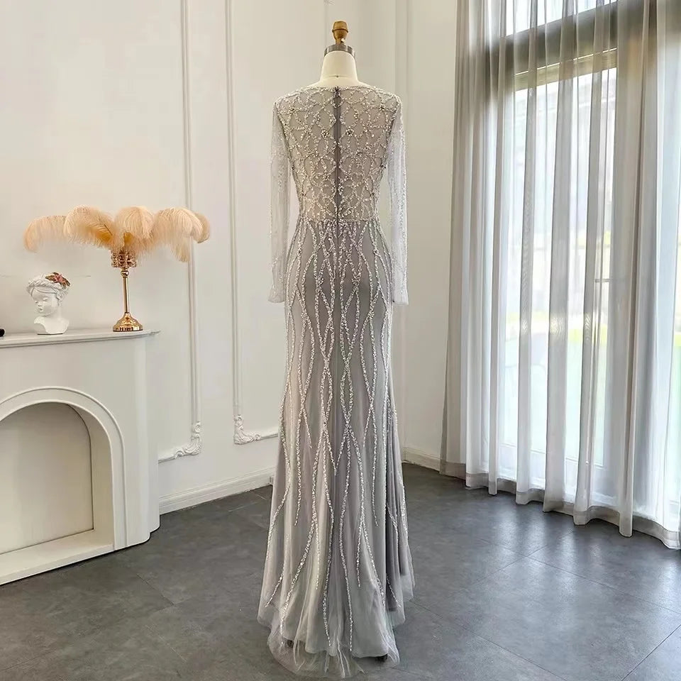 Hot Selling Wholesale Long Sleeve V-neck Beading Evening Prom for Women Evening Dresses