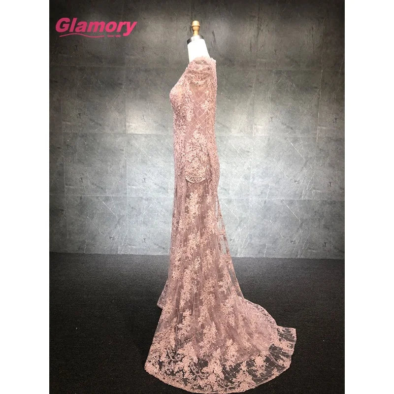 2021 New Arrival Long Sleeve Full Lace Evening Dresses Pink V-neck Embroidery Lace Evening Gown