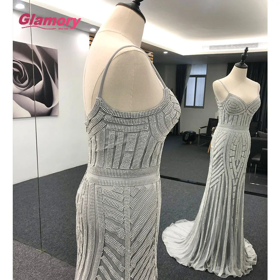 Luxury Shiny Rhinestone Dresses Sexy Bodycon Spaghetti Strap Prom Women Trumpet Mermaid Evening Dress