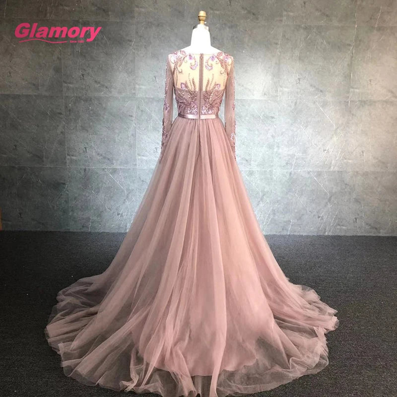 Pink 2020 New Elegant Full Sleeve Tulle Heavy Beaded With Belt Sexy Open Leg Prom Dress