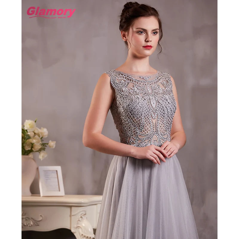 Gray Dresses Long Sexy See Through Lace Appliques Prom O-neck Floor-length Tulle Evening Dress