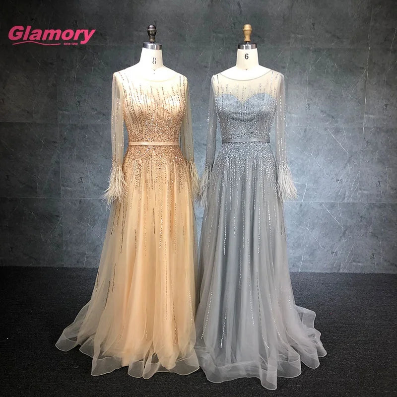 Luxury Beading Long Sleeve a Line Evening Prom Women Elegant Robe De Soiree