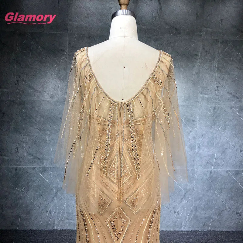 In Stock Luxury Cape Beaded Party Gown O Neckline Mermaid Evening Prom